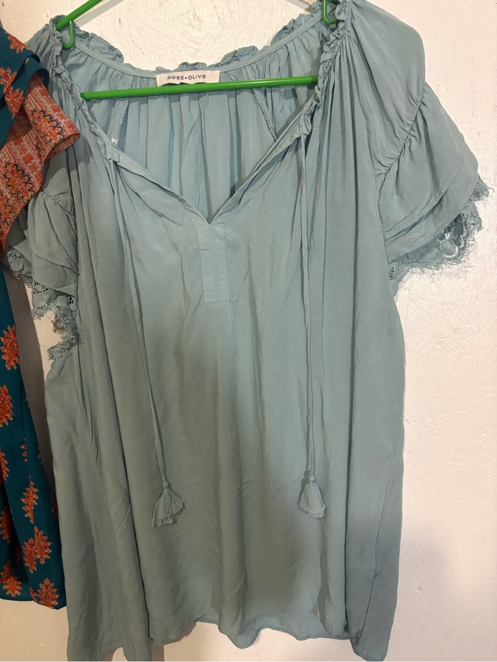 Rose & Olive Teal and Light Blue Boho Tie-Front Women’s Tops - Picture 4 of 11